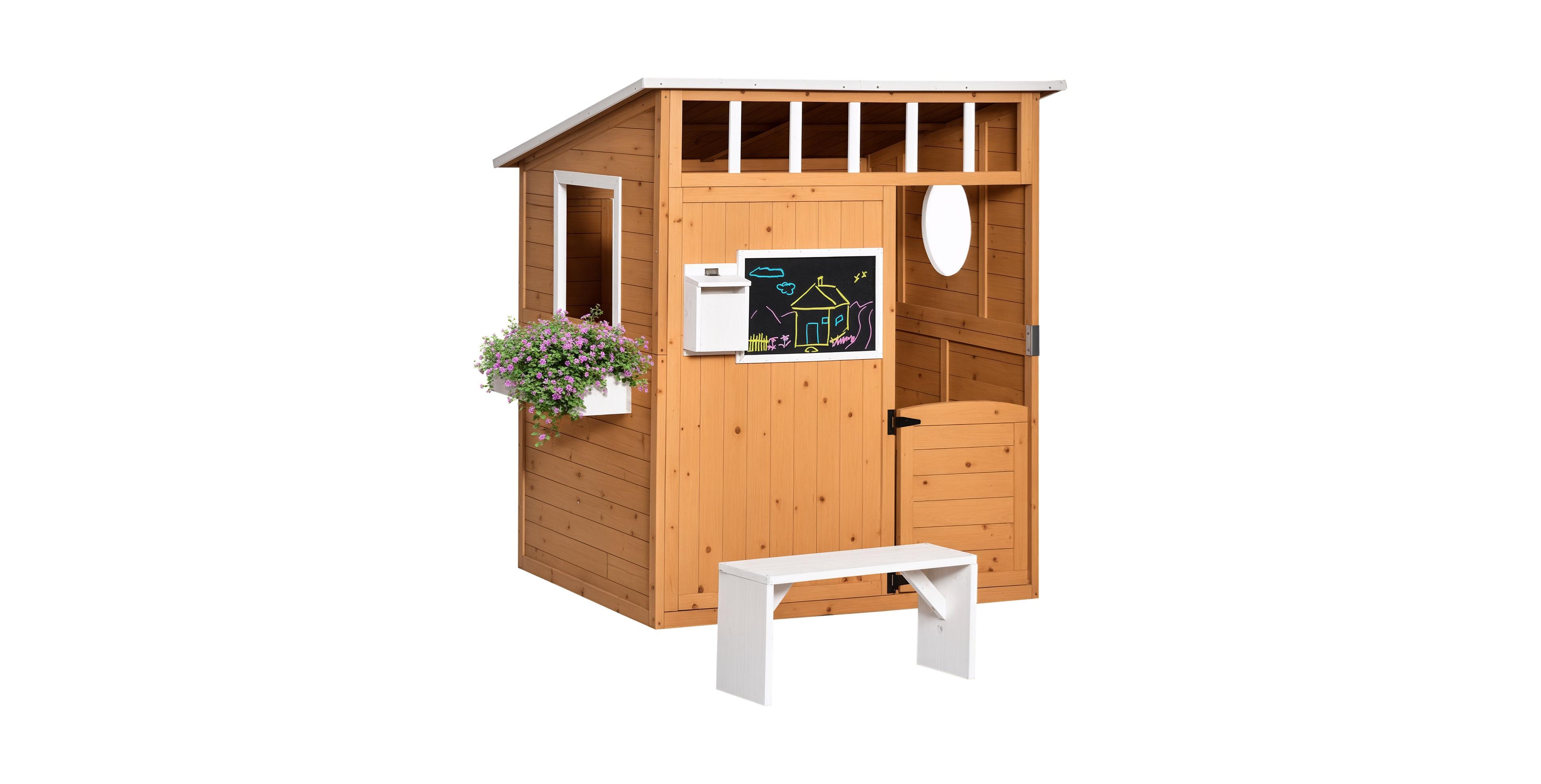 Glintex Wooden Outdoor Playhouse with Mailbox, Blackboard and Bench, 48" x 42.5", Ages 3-8