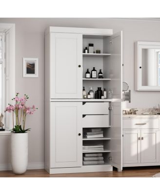 100% Solid Wood Tall Modular Bathroom Linen Cabinet with Raised Panel Doors, 2 Drawers, Adjustable Shelves, 32" W x 71.5" H