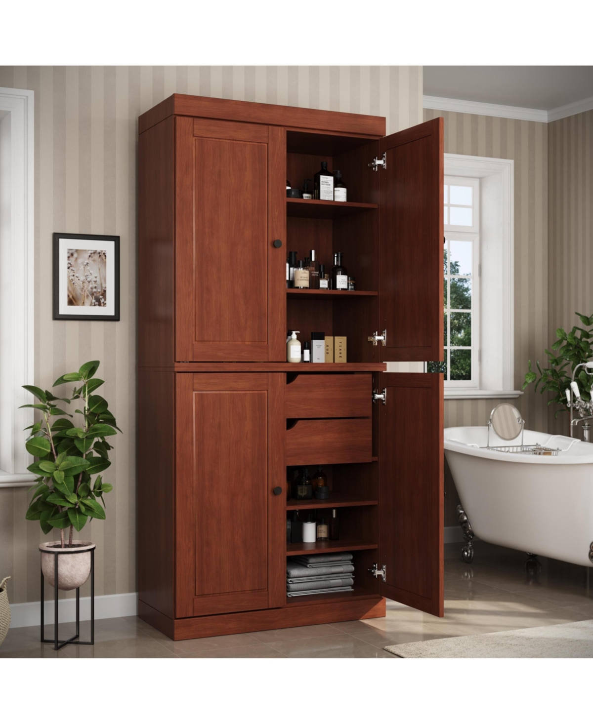 Palace Imports 100% Solid Wood Tall Modular Bathroom Linen Cabinet with Raised Panel Doors, 2 Drawers, Adjustable Shelves, 32" W x 71.5" H - Mocha