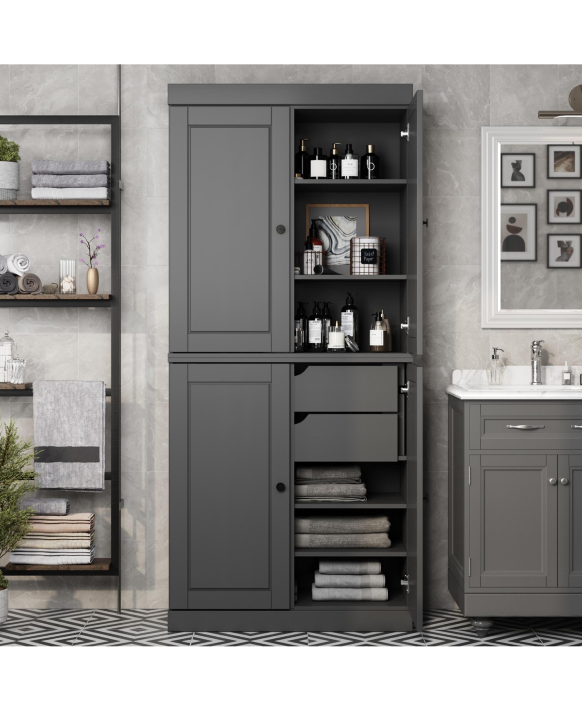 Palace Imports 100% Solid Wood Tall Modular Bathroom Linen Cabinet with Raised Panel Doors, 2 Drawers, Adjustable Shelves, 32" W x 71.5" H - Gray