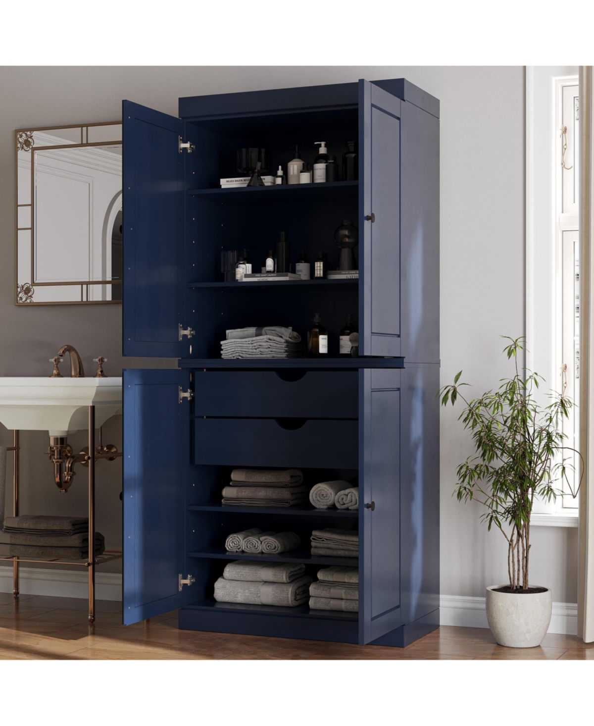 Palace Imports 100% Solid Wood Tall Modular Bathroom Linen Cabinet with Raised Panel Doors, 2 Drawers, Adjustable Shelves, 32" W x 71.5" H - Navy blue