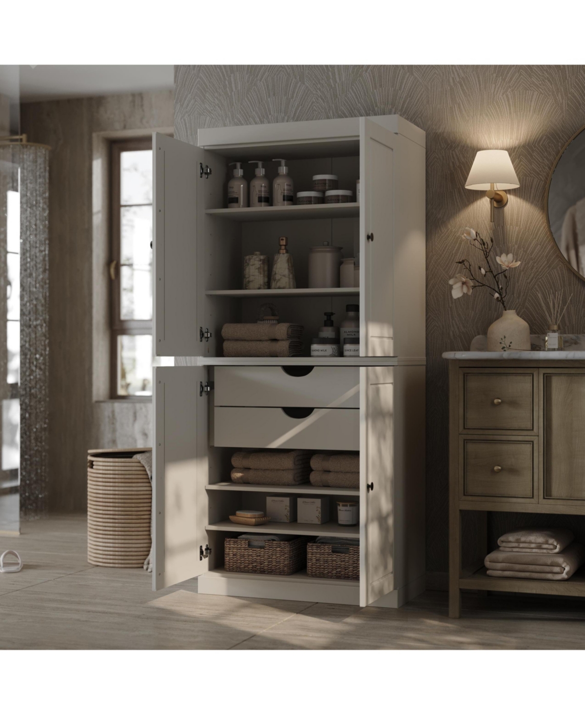 Palace Imports 100% Solid Wood Tall Modular Bathroom Linen Cabinet with Raised Panel Doors, 2 Drawers, Adjustable Shelves, 32" W x 71.5" H - Off white