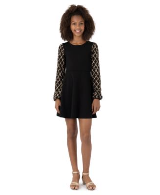 Girls' 7-16 Long-Sleeve Fit-and-Flare Sequin Dress