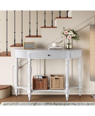 Half Moon Fluted Console Table, Solid Wood Carved Leg Entryway Sofa Table with Drawer