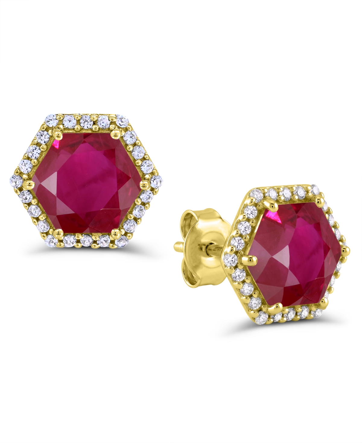Macy's Lab-Grown Ruby and Lab-Grown White Sapphire Stud Earrings (4-7/8 ct. t.w. and 3/8 ct. t.w.) in 14k Gold-Plated Sterling Silver - Red