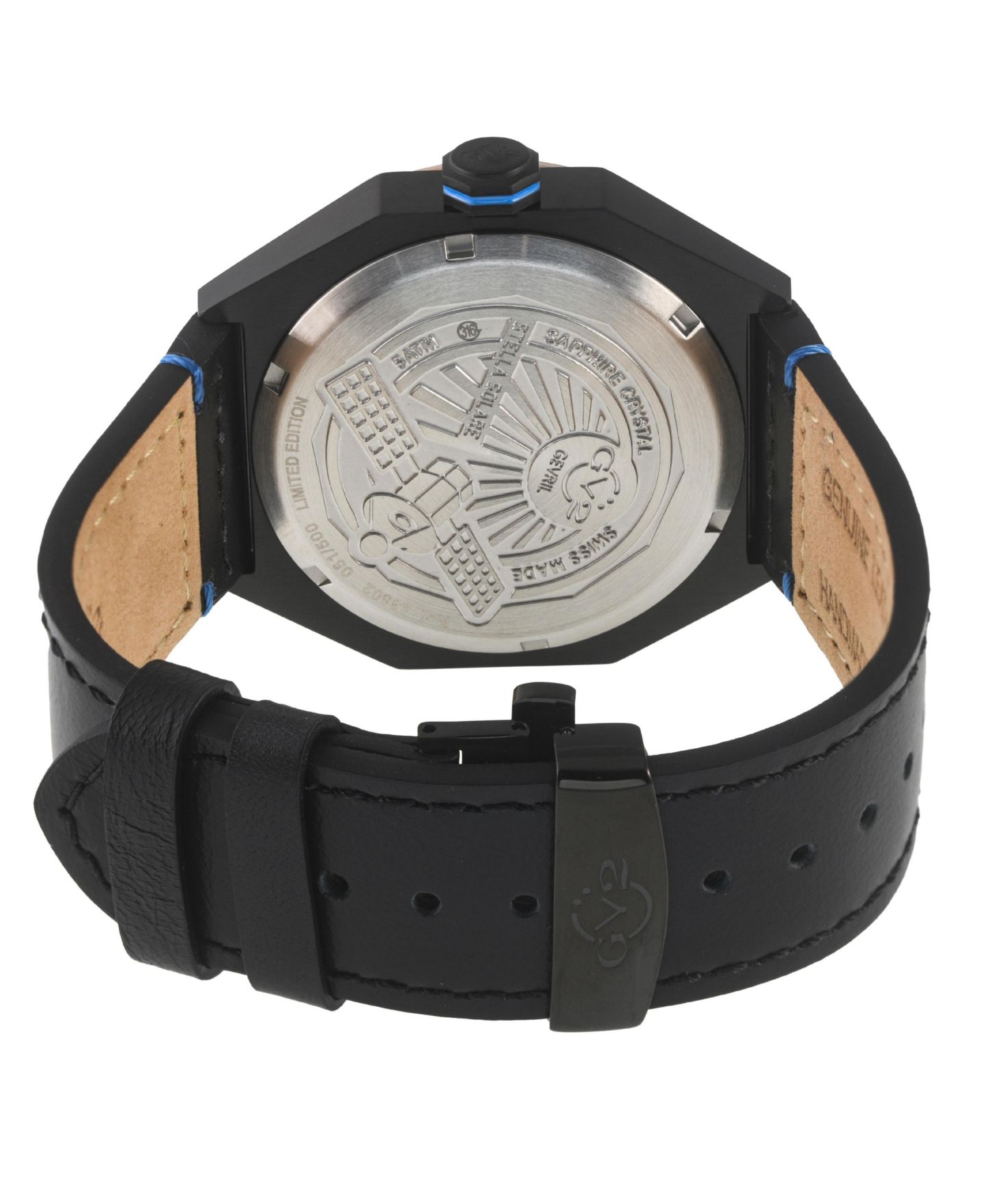 Мужские часы GV2 by Gevril Swiss Quartz Solar-Powered Stella Solare Italian Leather Strap Watch, 44mm, цвет: Чёрный — фото 3