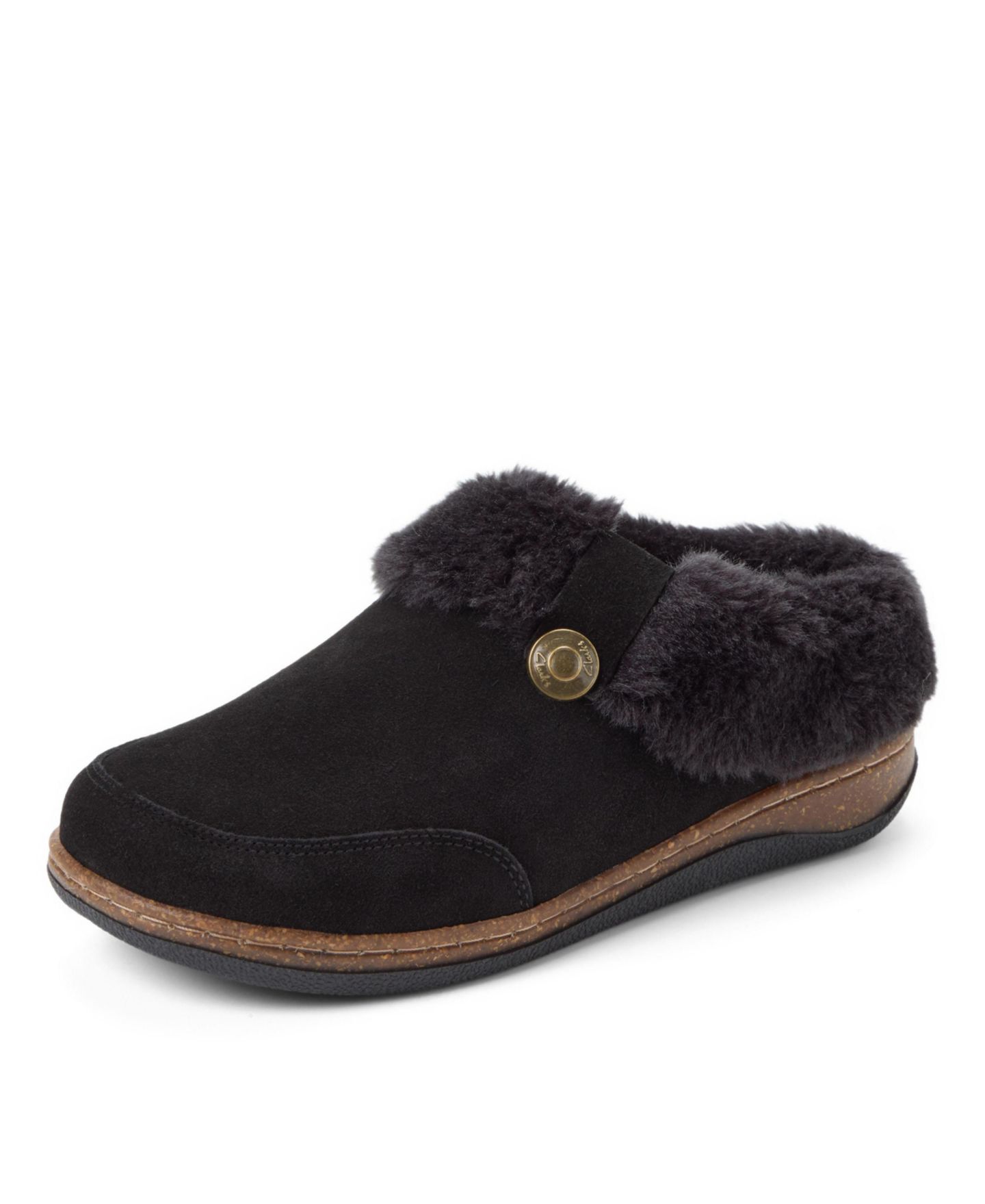 Женские тапочки Clarks Suede Clog Slippers With Faux Fur Cuff, цвет: Чёрный — фото 8