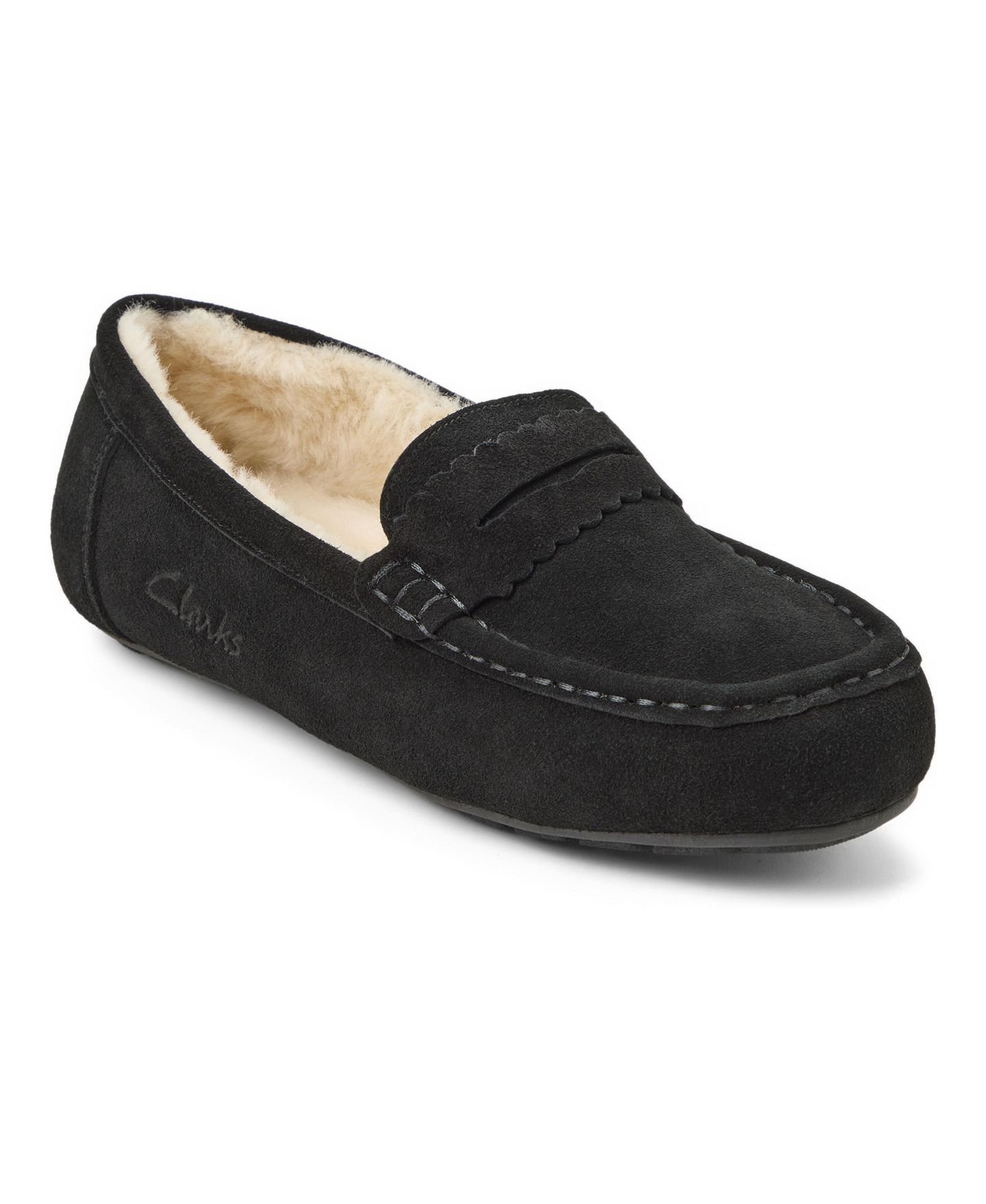 Женские тапочки Clarks Memory Foam Moccasin Penny Loafer Suede Slippers, цвет: Чёрный — фото 1