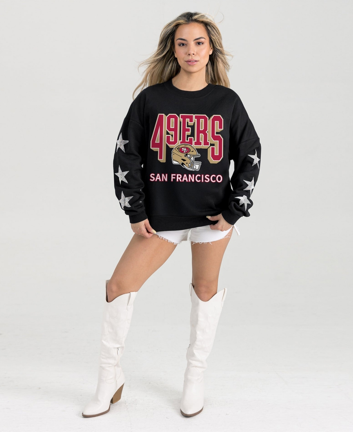 Gameday Couture Women's Black San Francisco 49ers Pure Victory Rhine stud Star-Sleeve Pullover Sweatshirt - Black