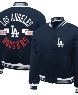 Women's Navy Los Angeles Dodgers Printed Logo Cropped Satin Varsity Full-Snap Jacket