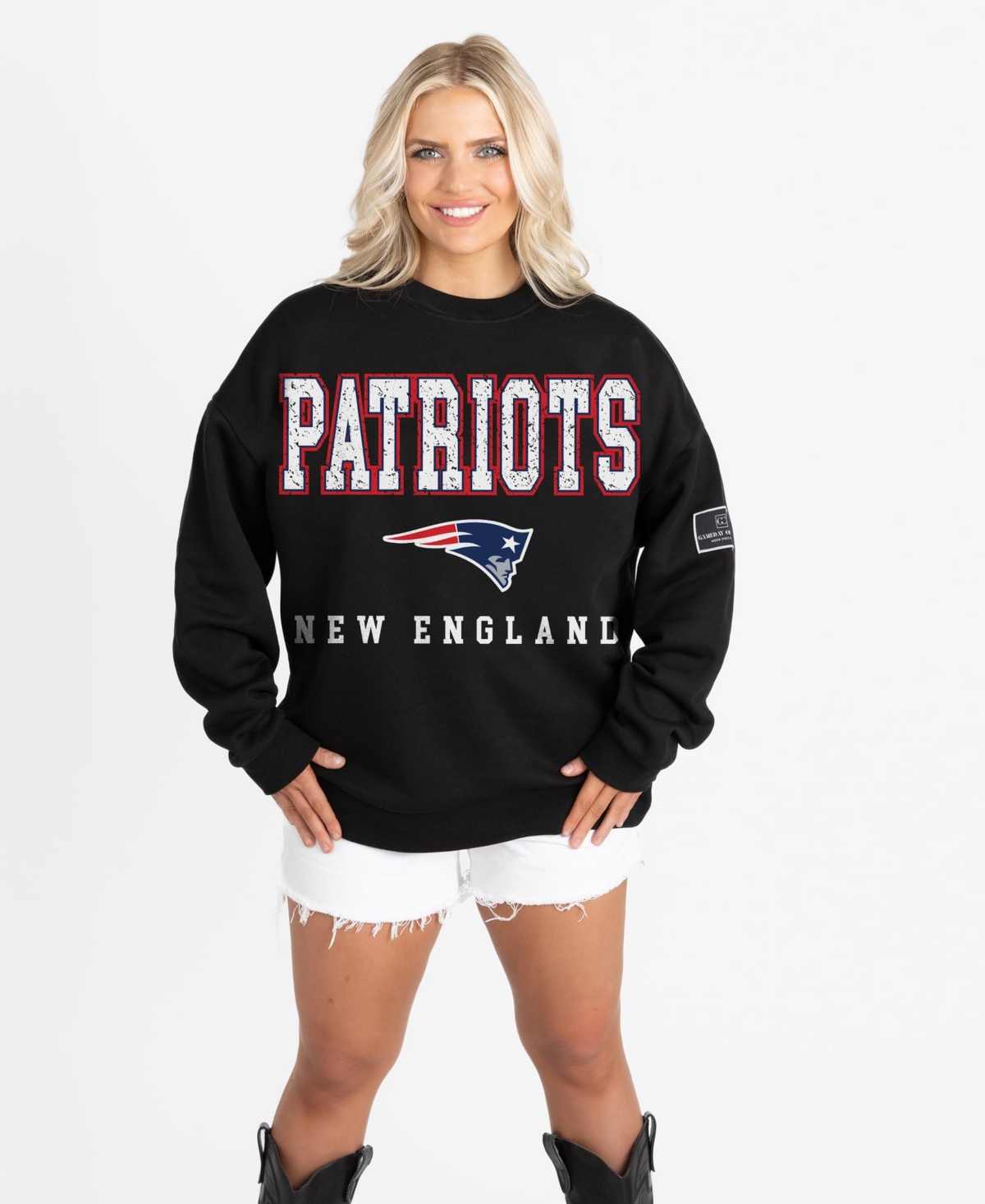 Gameday Couture Women's Black New England Patriots Oversized Level Up Label Premium Fleece Sweatshirt