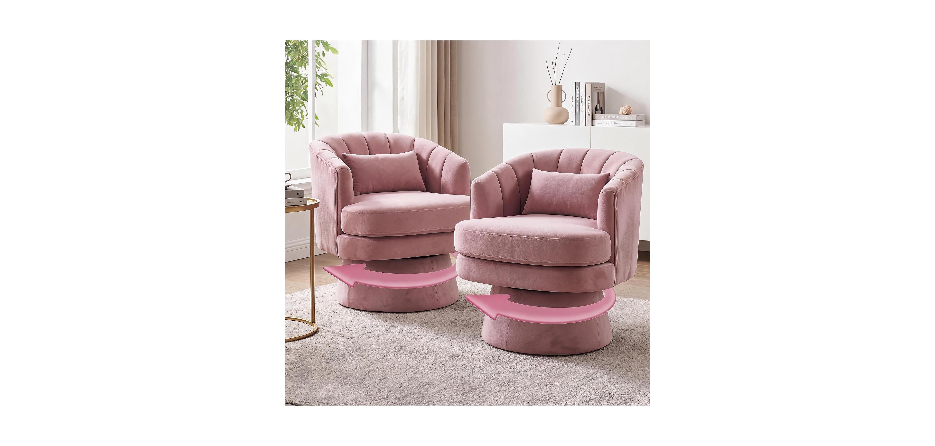 Swivel Accent Chair Set of 2, 360degree(s) Swivel Barrel Chair, Velvet, Pink, Double-Layer Cushion with Lumbar Pillow