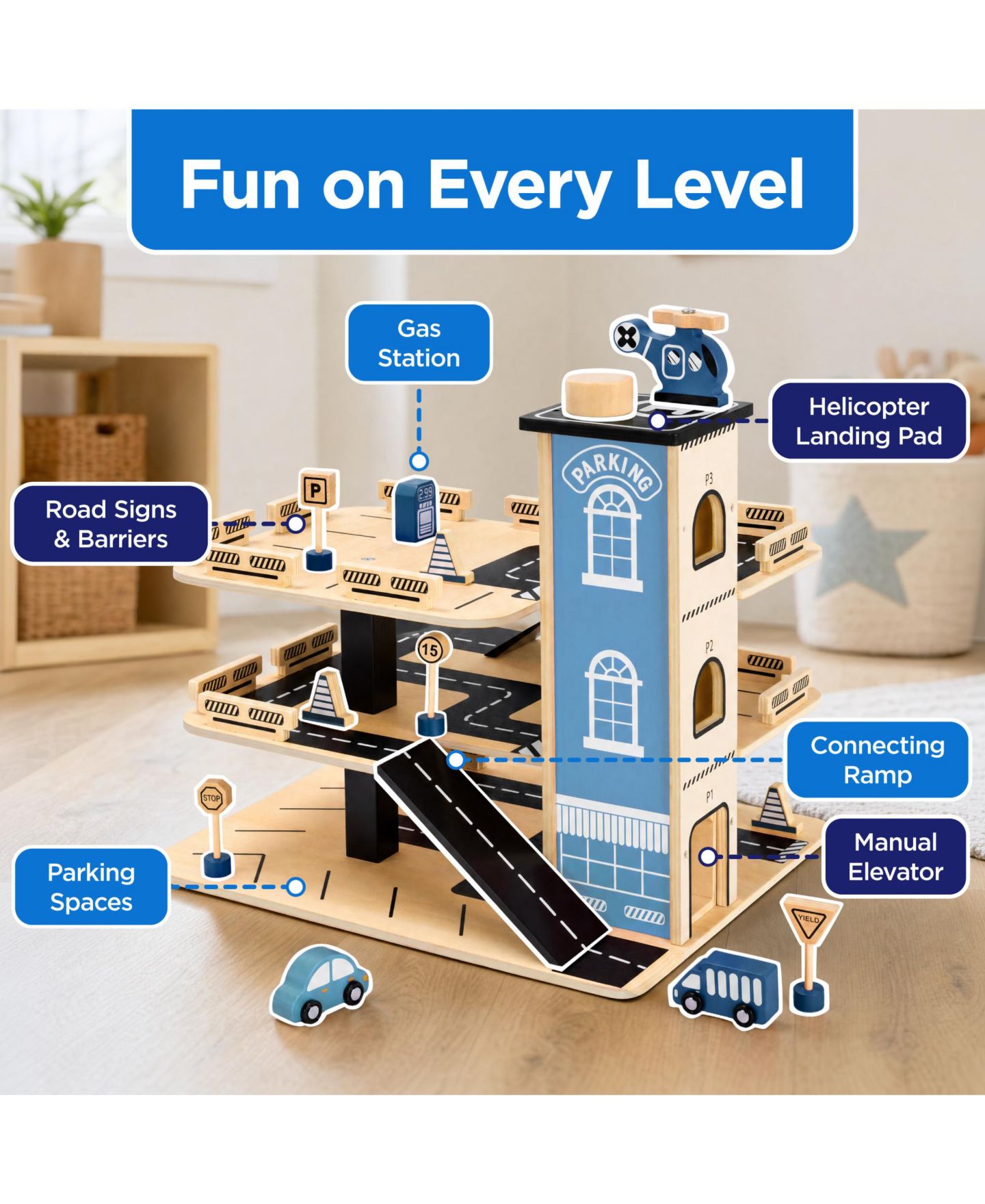Детские игрушки Best Choice Products 3-Story Wooden Parking Garage Playset with Working Elevator, 11-Piece Set, цвет: Синий — фото 4