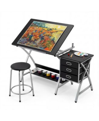 Professional 50-Inch Drafting Table for Artists, Tilting Drawing Desk with Stool and 3 Storage Drawers, Craft Table Workstation for Home Studio