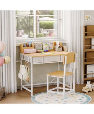 Kids Desk and Chair Set, Wooden Study Table with Storage Drawers, Detachable Side Pocket and Hooks, Children Writing Workstation, Ages 5-12