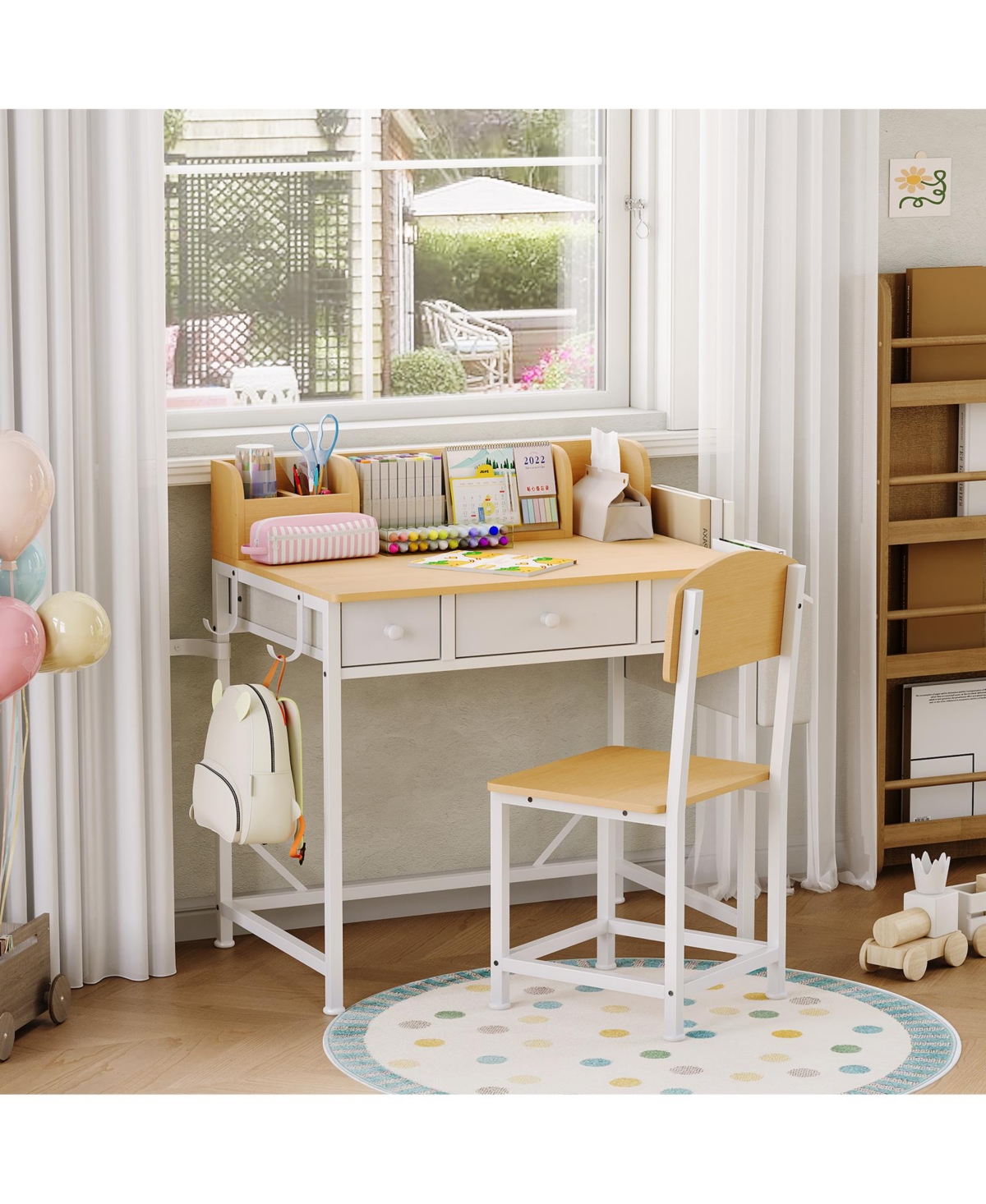gaomon Kids Desk and Chair Set, Wooden Study Table with Storage Drawers, Detachable Side Pocket and Hooks, Children Writing Workstation, Ages 5-12