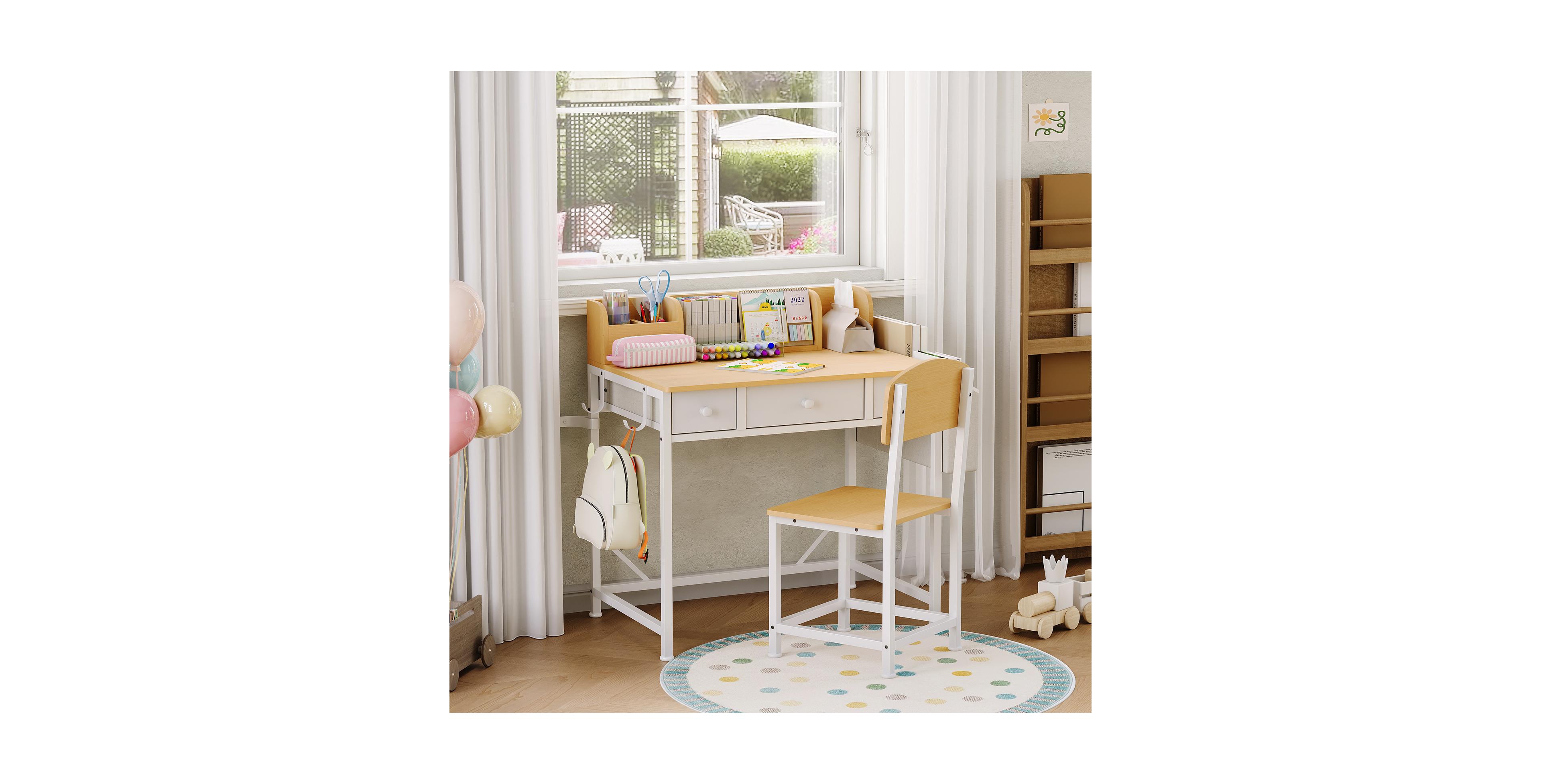 gaomon Kids Desk and Chair Set, Wooden Study Table with Storage Drawers, Detachable Side Pocket and Hooks, Children Writing Workstation, Ages 5-12