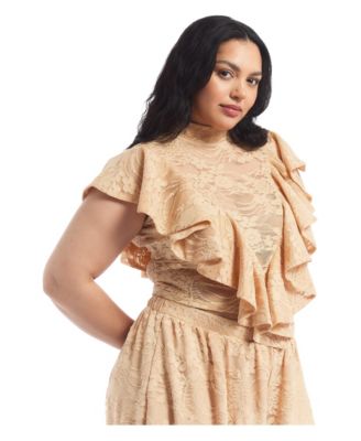 Plus Size Floral Lace Ruffle Mock-Neck Top