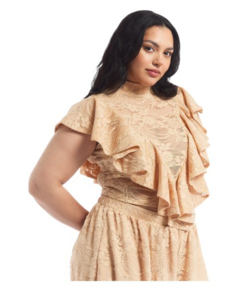 Женский топ June & Vie Plus Size Floral Lace Ruffle Mock-Neck