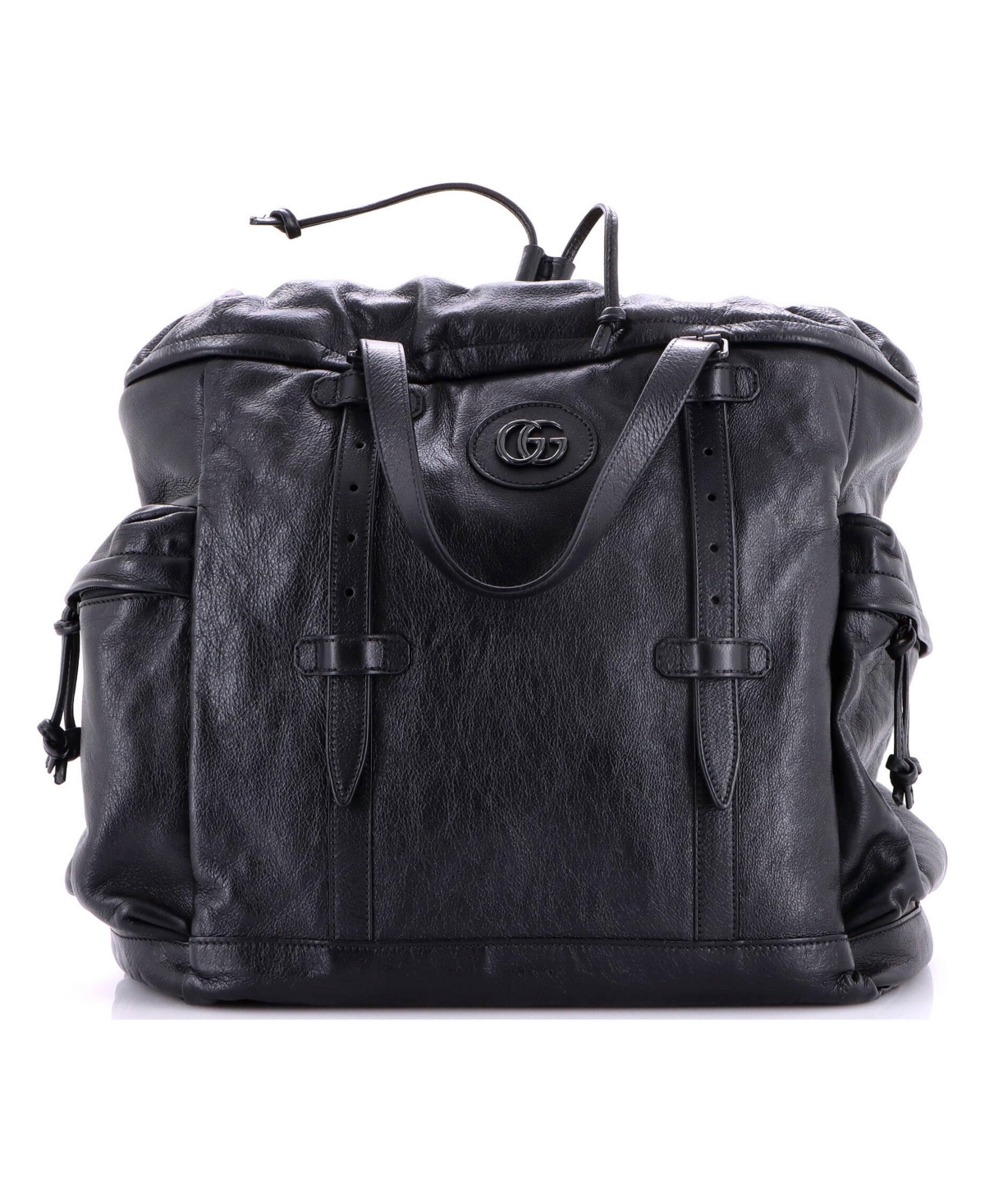 Pre-Owned Gucci Tonal Gg Drawstring Tote Leather - Black