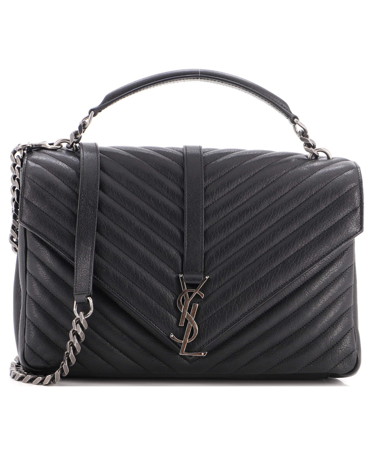 Pre-Owned Saint Laurent Large Classic Monogram College Bag Matelasse Chevron Leather - Black
