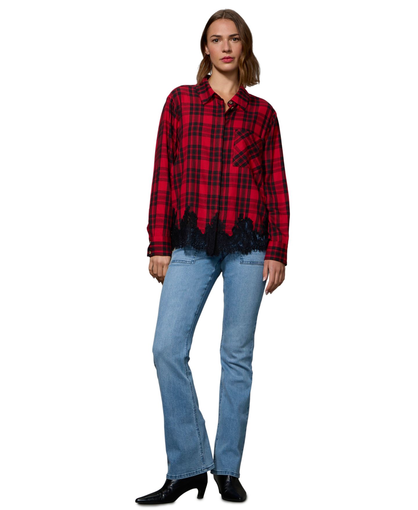 Женская блузка Sanctuary Best Long-Sleeve Plaid Lace-Hem, цвет: Клетчатый — фото 2