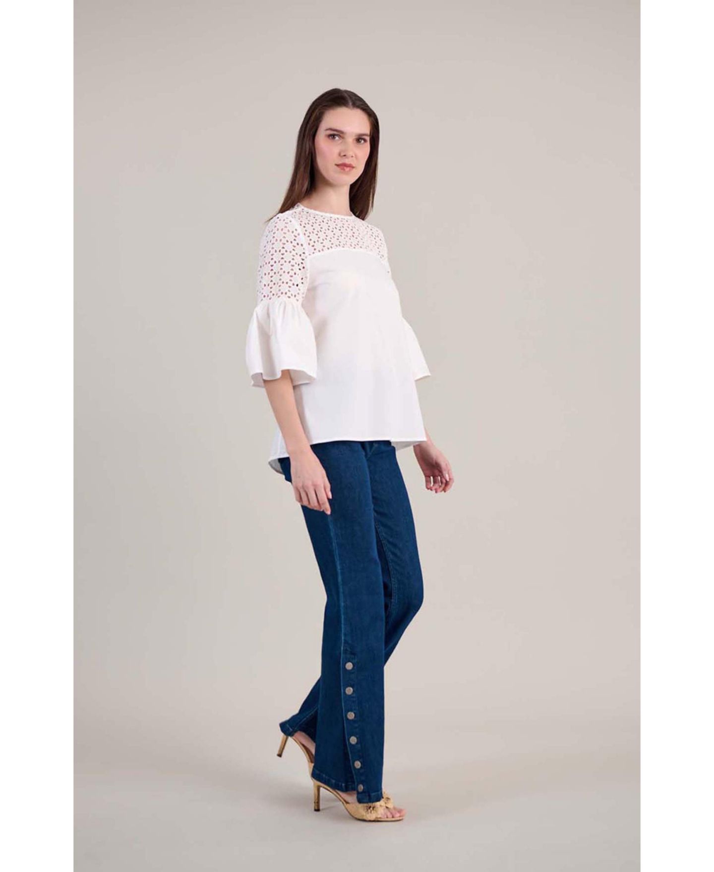 Женская футболка Anne Fontaine Piper Bell-Sleeve Geometric Eyelet Cotton-Blend Poplin, цвет: Белый — фото 9