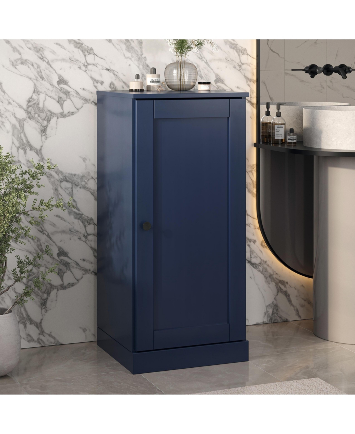 Palace Imports Solid Wood Bathroom Linen Storage Cabinet with Shaker Door, Adjustable Shelves - Navy blue