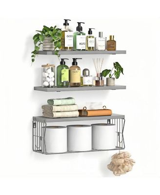 3 Pack Floating Bathroom Hardware Shelves Wall Mounted Wooden Set Over Toilet Storage Organizer