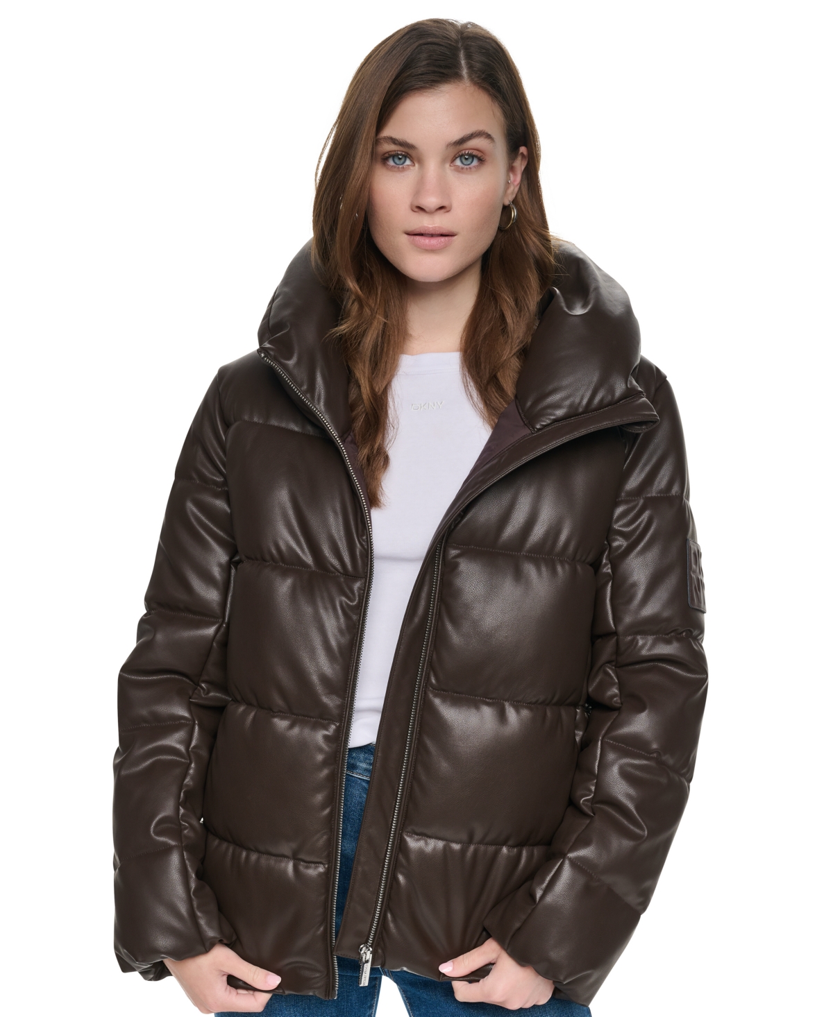 Dkny Jeans Women's Insulated Puffer Faux Leather Jacket - Espresso