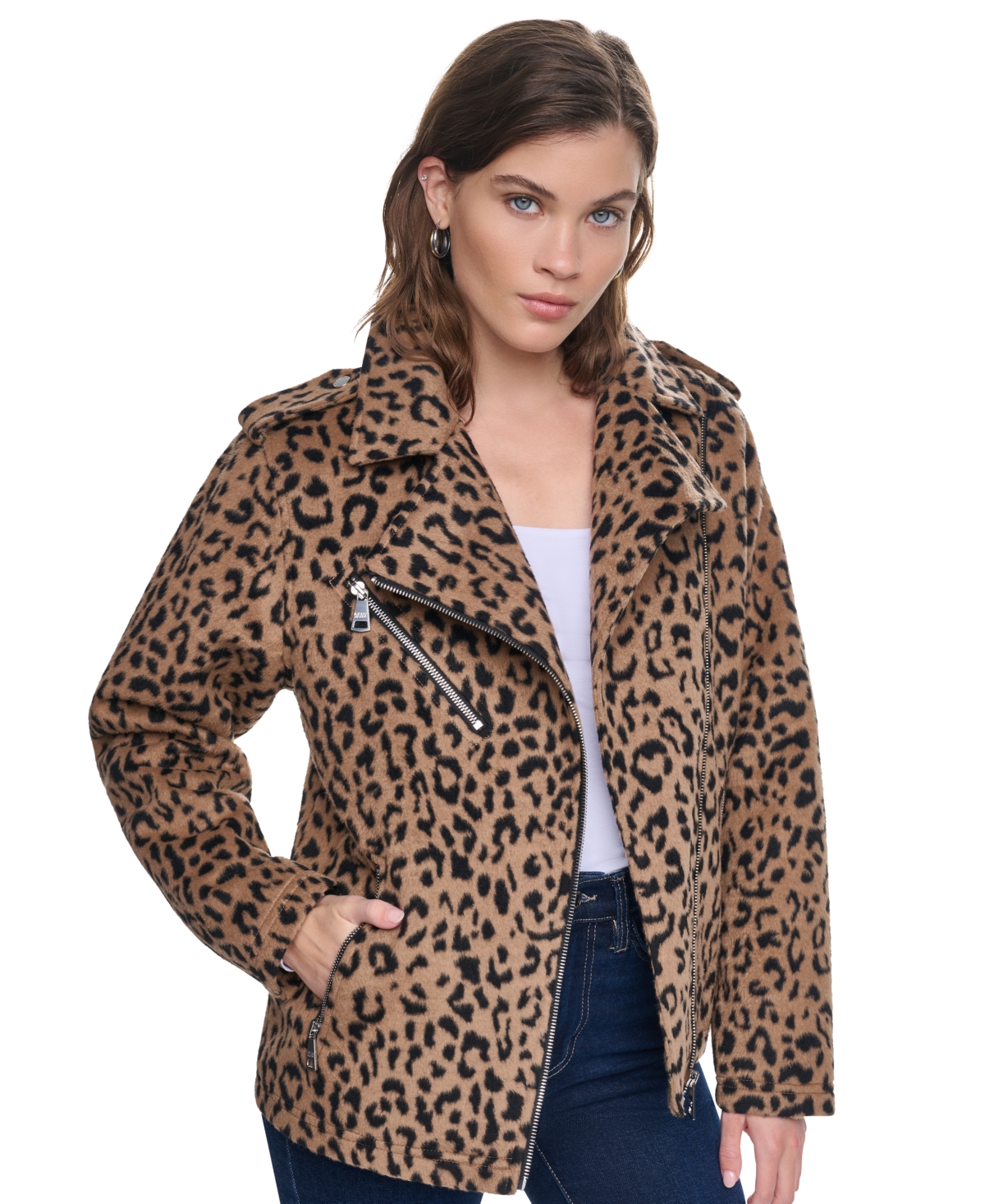 Dkny Jeans Women's Asymmetrical Moto Leopard Print Jacket