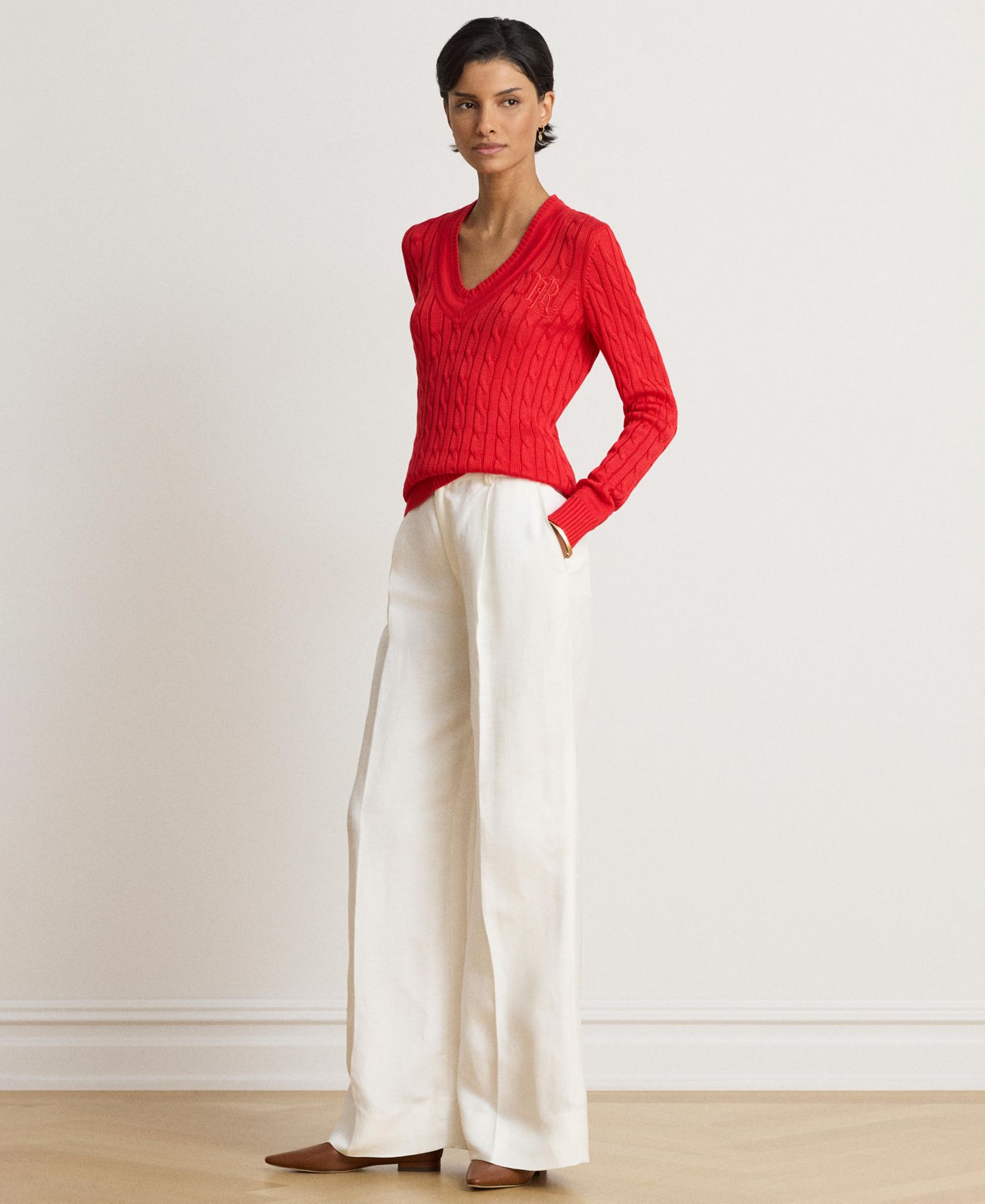 Женский свитер Lauren Ralph Lauren Long-Sleeve V-Neck Cable Knit, цвет: Тёмный гранатовый — фото 6
