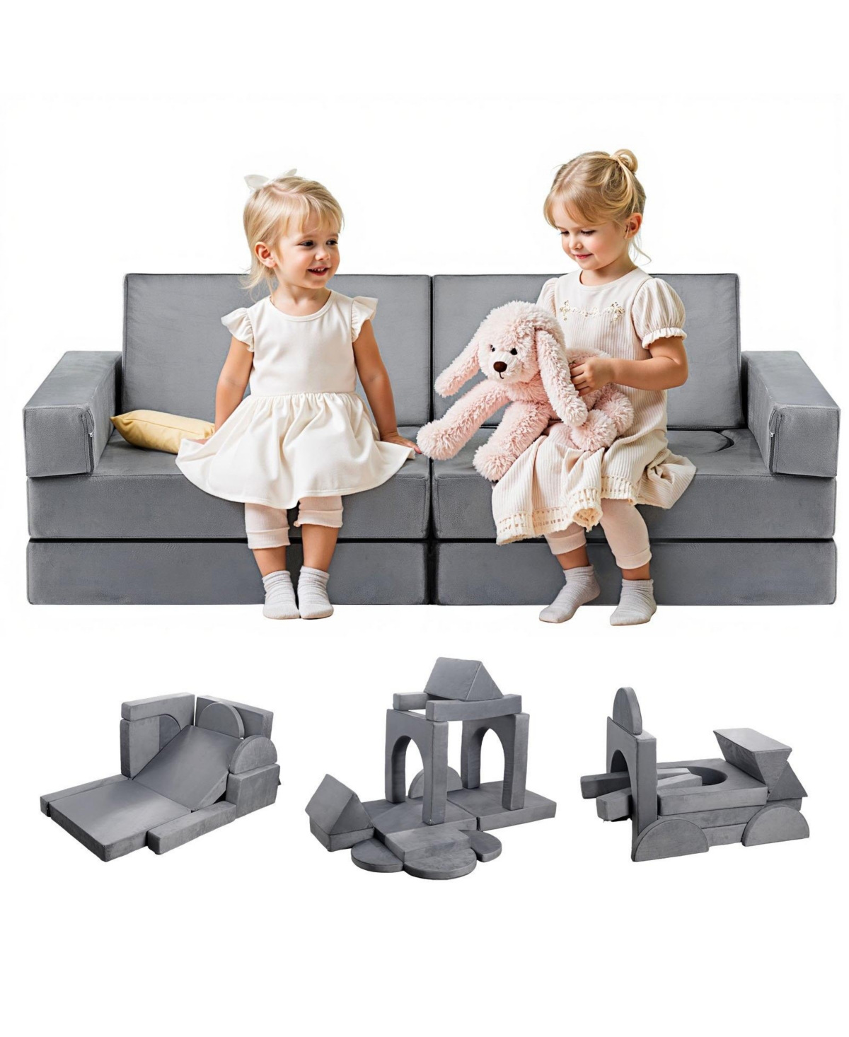 Sugift 14-Piece Modular Kids Play Couch Sectional Sofa Set with Armrests - Grey