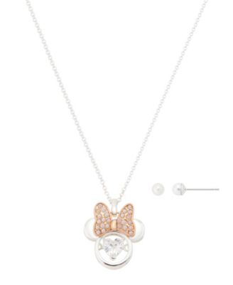 Imitation Pearl and Cubic Zirconia Silver-Tone Minnie Mouse Pendant and Stud Earring Set