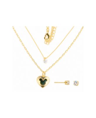 Cubic Zirconia Gold-Tone Mickey Mouse Layered Heart Pendant Necklace and Stud Earrings, 2-Piece Set