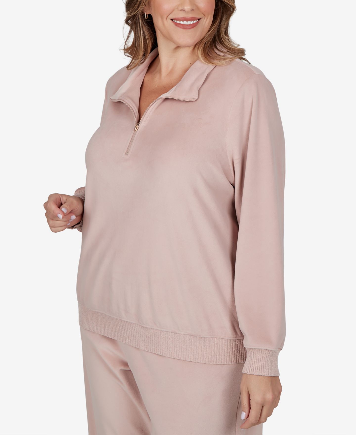 Женский топ Alfred Dunner Plus Size Quarter-Zip Stand-Collar Long-Sleeve, цвет: Розовый — фото 2
