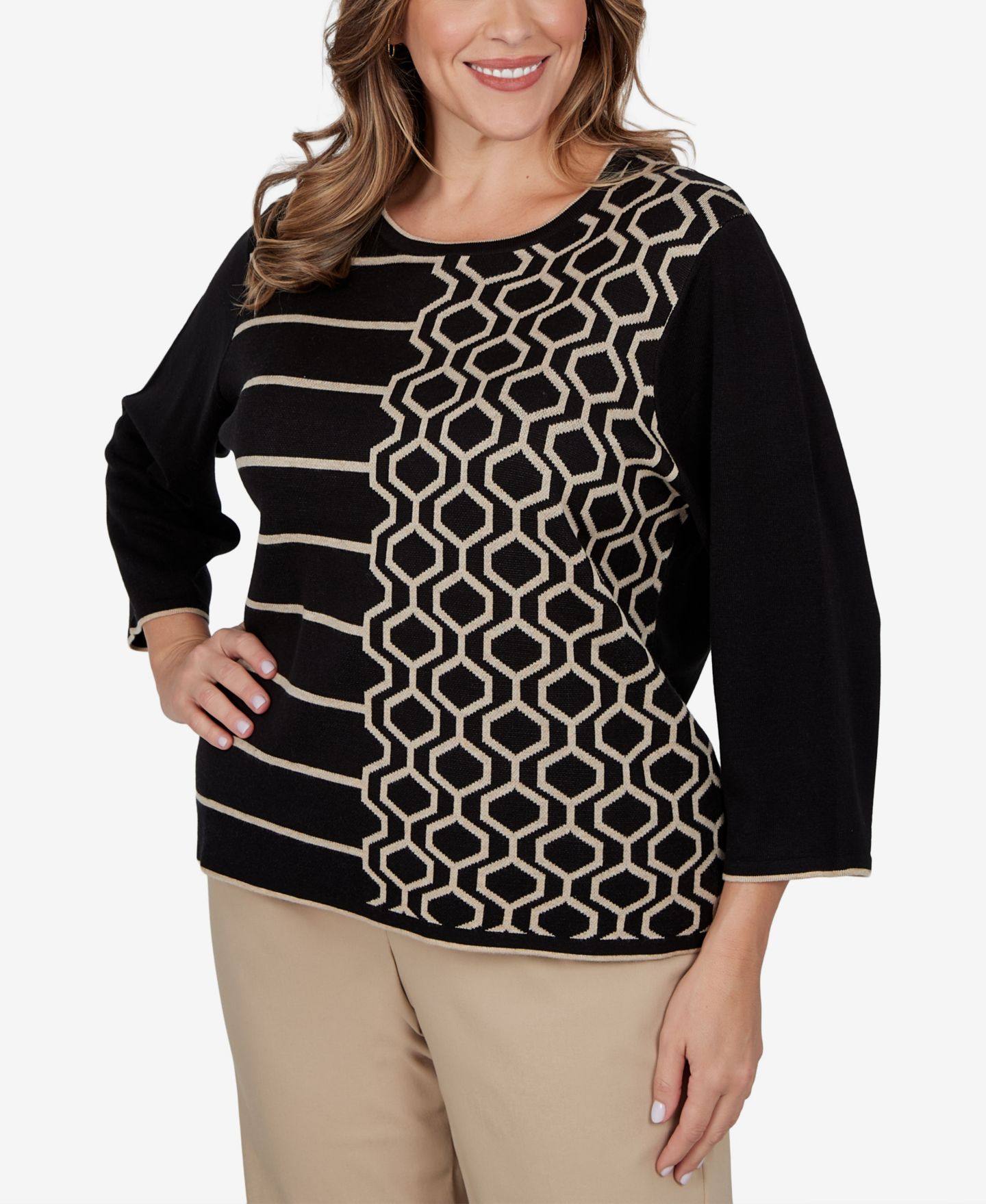 Женский свитер Alfred Dunner Plus Size Crewneck 3/4-Sleeve Pullover, цвет: Чёрный — фото 2