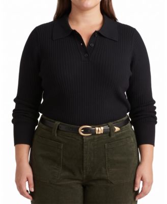 Plus Size Savvy Fine Ribbed Polo Sweater