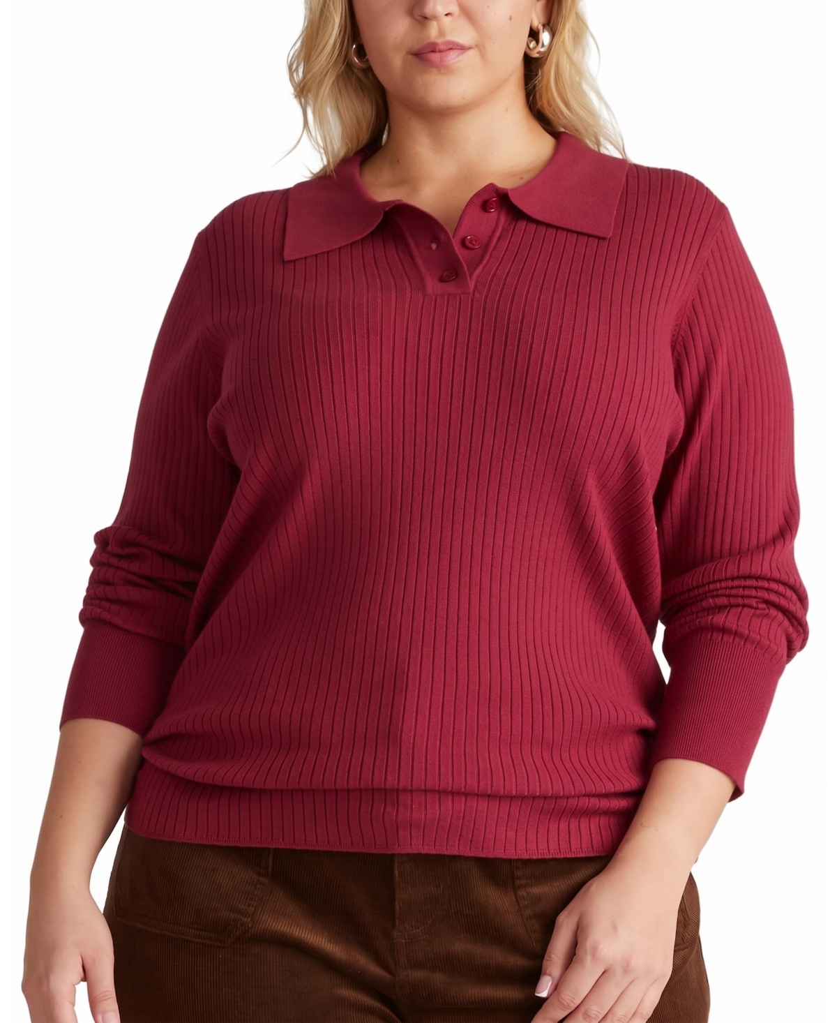 Universal Standard Plus Size Savvy Fine Ribbed Polo Sweater - Red plum