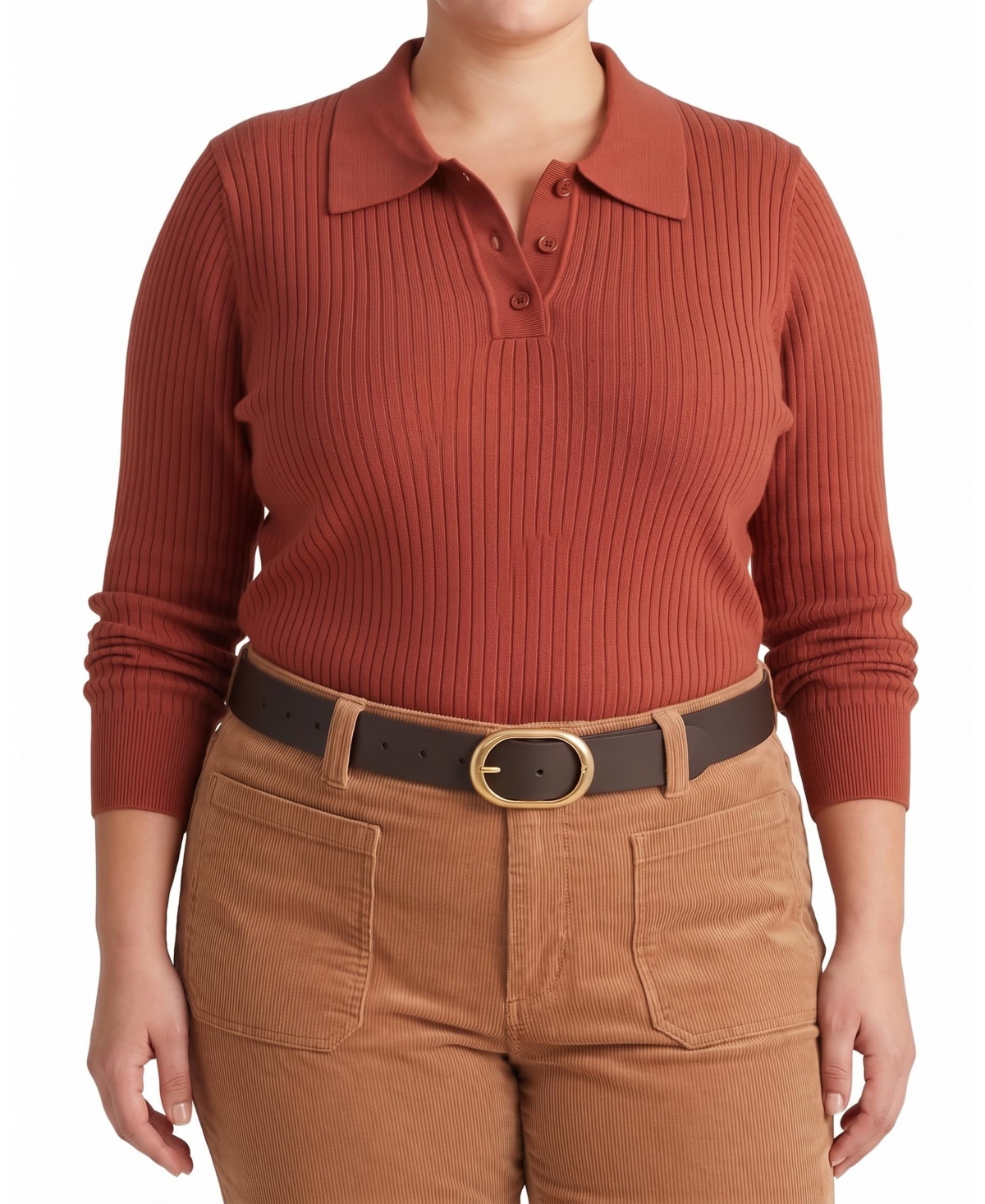 Universal Standard Plus Size Savvy Fine Ribbed Polo Sweater - Cognac