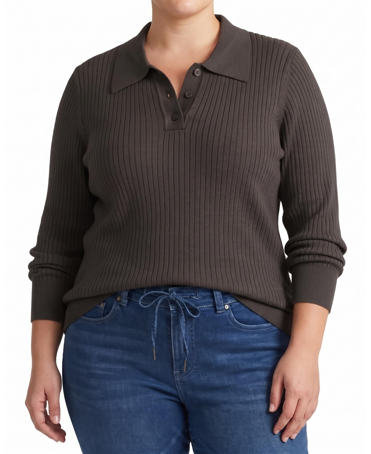Universal Standard Plus Size Savvy Fine Ribbed Polo Sweater - Graphite