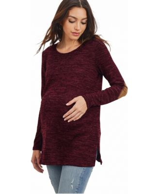 Maternity Long-Sleeve Contrast Elbow Patch Side-Slit Tunic Top