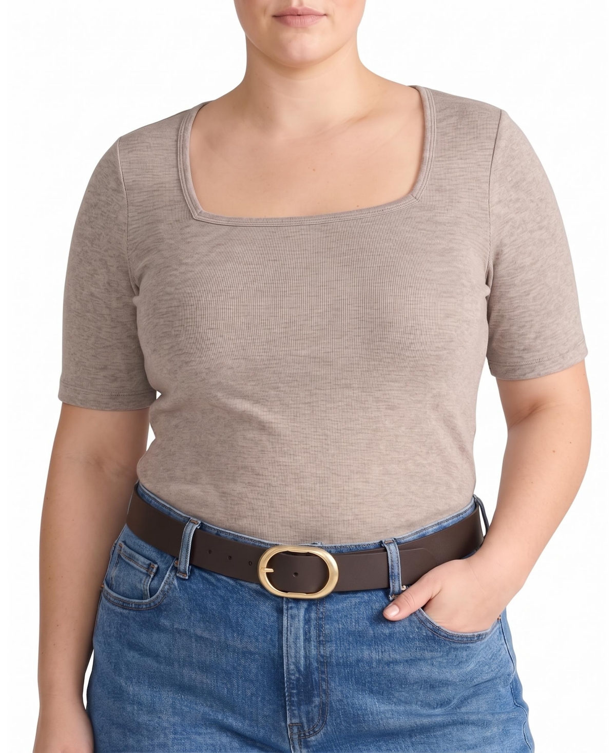 Universal Standard Women's Plus Size Cloud Rib Short Sleeve Square Neck Tee - Almond dust