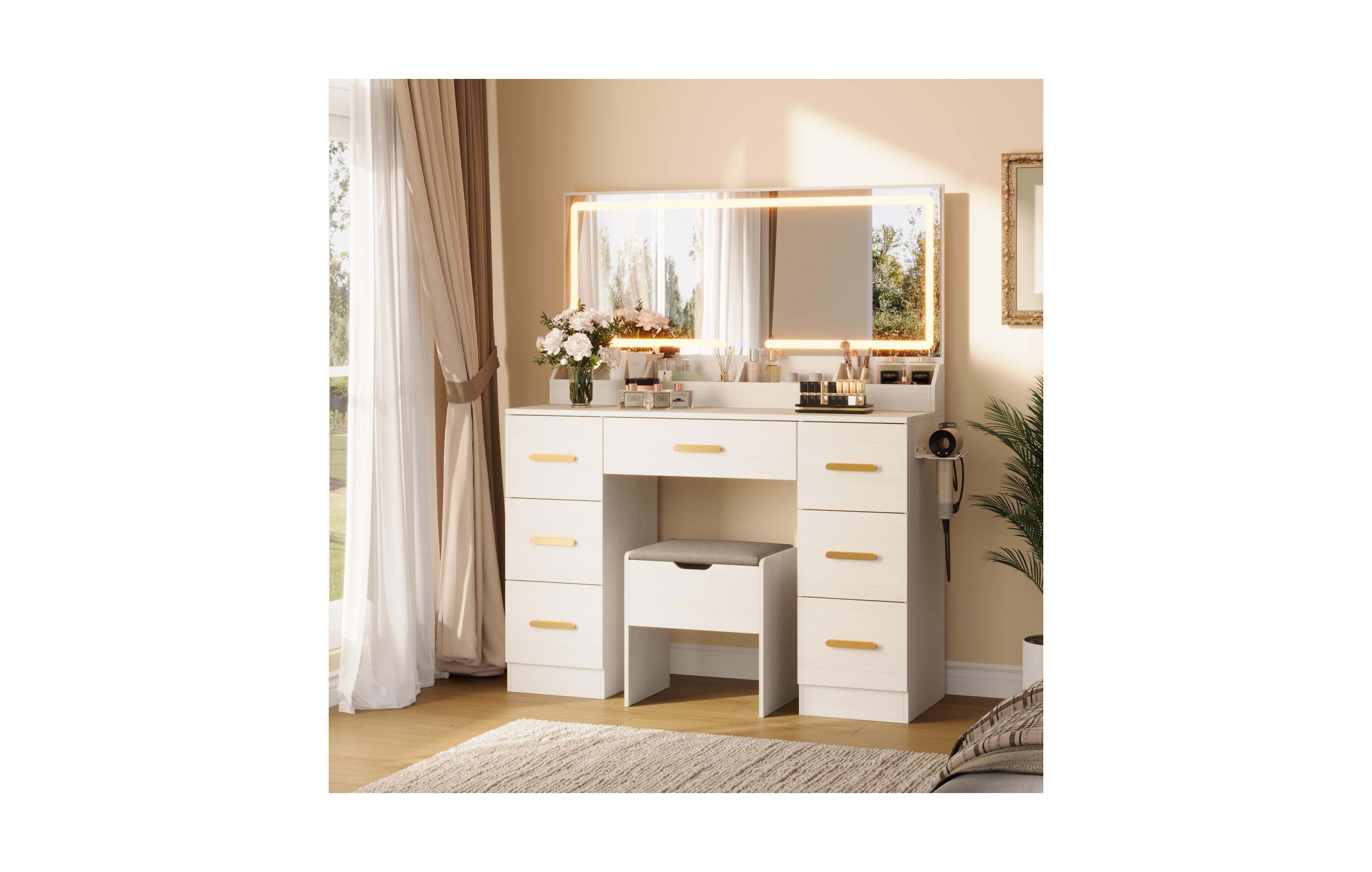 homfan 45.9 Led Vanity Desk with Mirror 3 Lighting Modes 8 Drawers Power Outlet Stool Bedroom Makeup Table