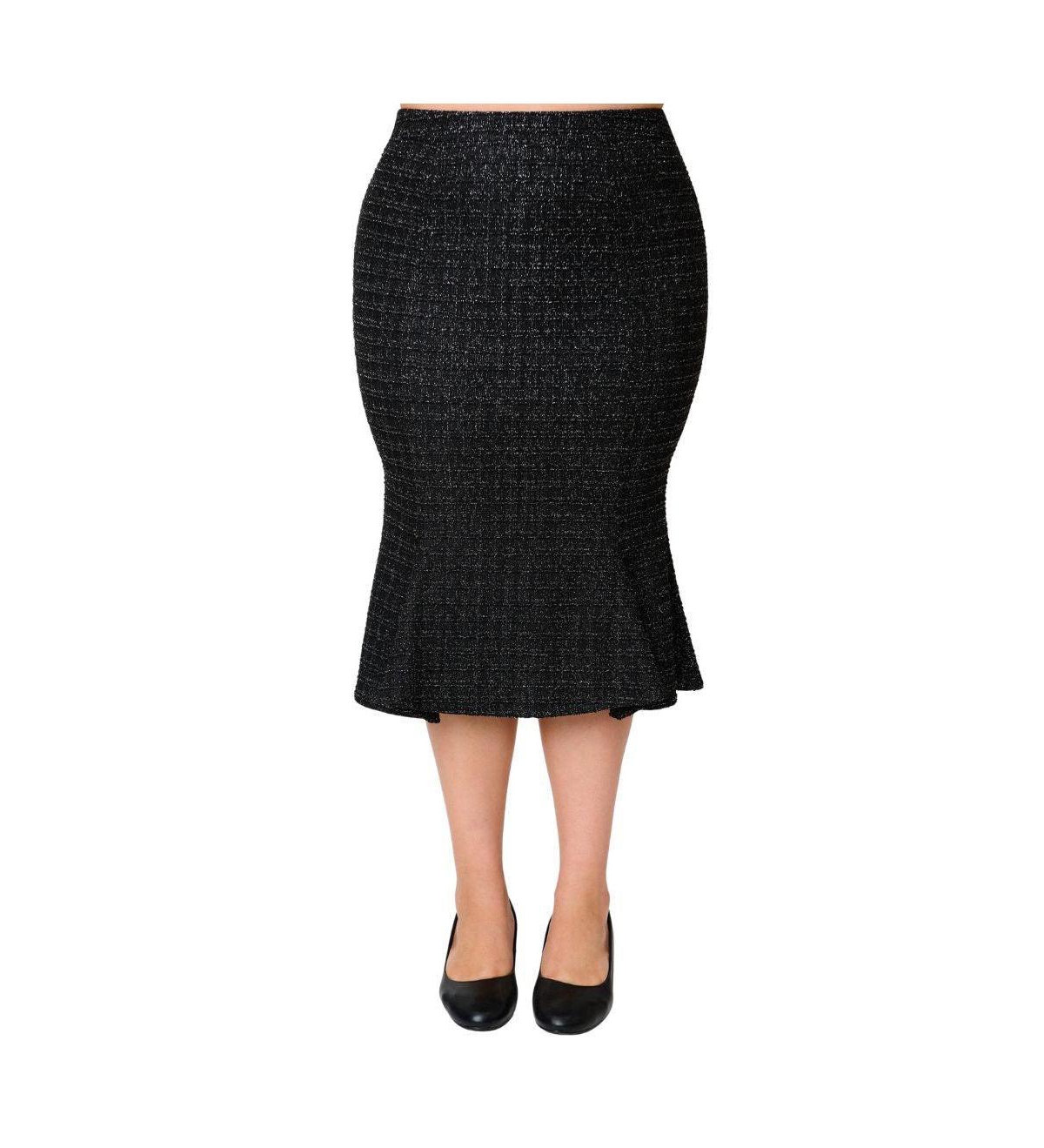 Unique Vintage Plus Size Boucle Trumpet Skirt - Black plaid