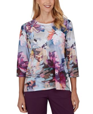 Petite Floral-Print 3/4-Sleeve T-Shirt
