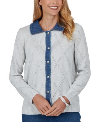 Petite Sweatr Pet Long Sleeve Point-Collar Pointelle Knit Cardigan Sweater