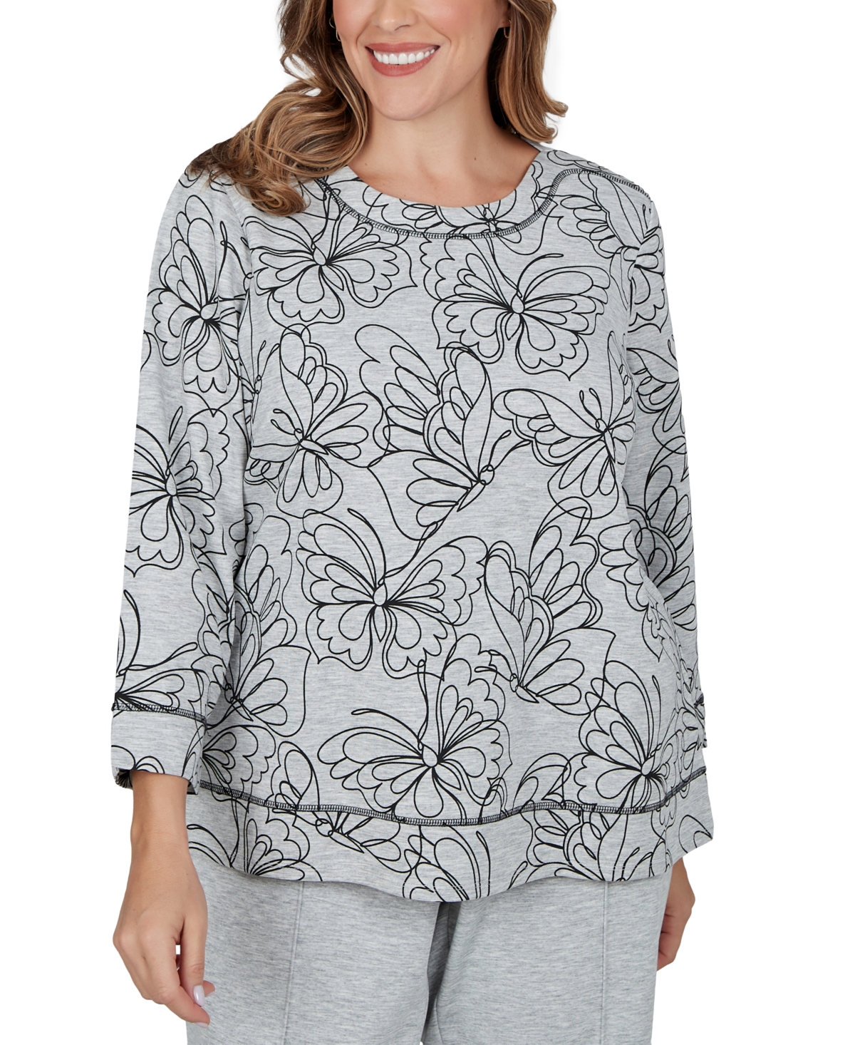 Alfred Dunner Plus Size Butterfly-Print 3/4-Sleeve T-Shirt - Granite