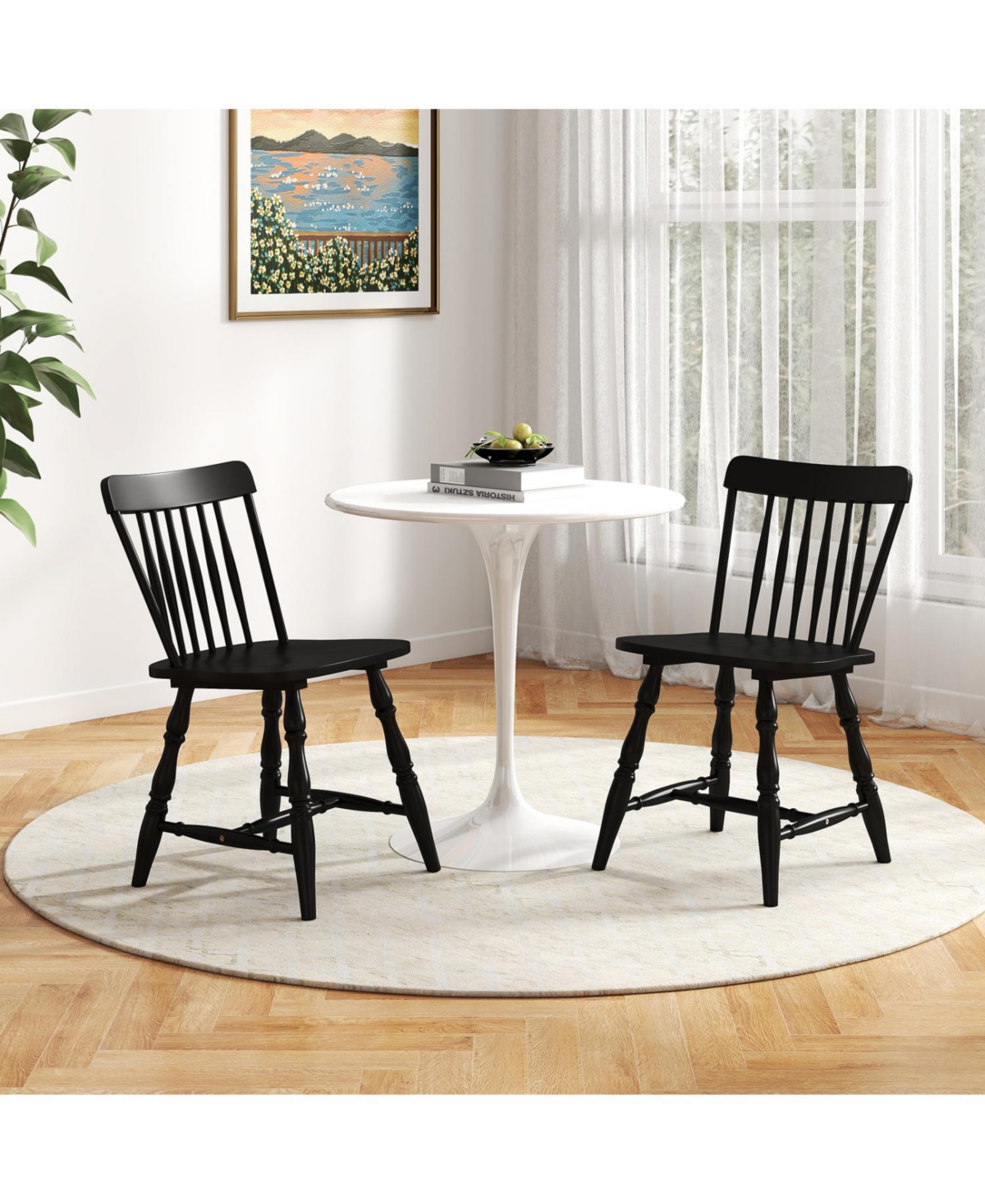 Boyel Living Windsor Dining Chairs Set of 2, Wooden Spindle Back Chairs with Contoured Seat, Farmhouse