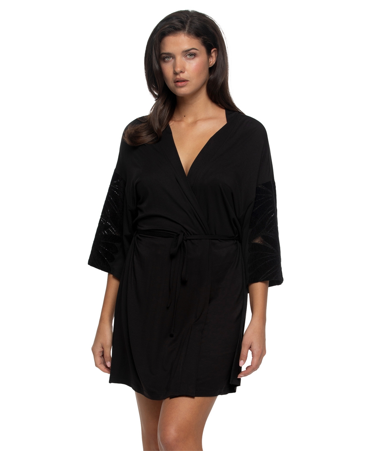 Jezebel Women's Lace V-Neck 3/4-Sleeve Kimono Robe - Black
